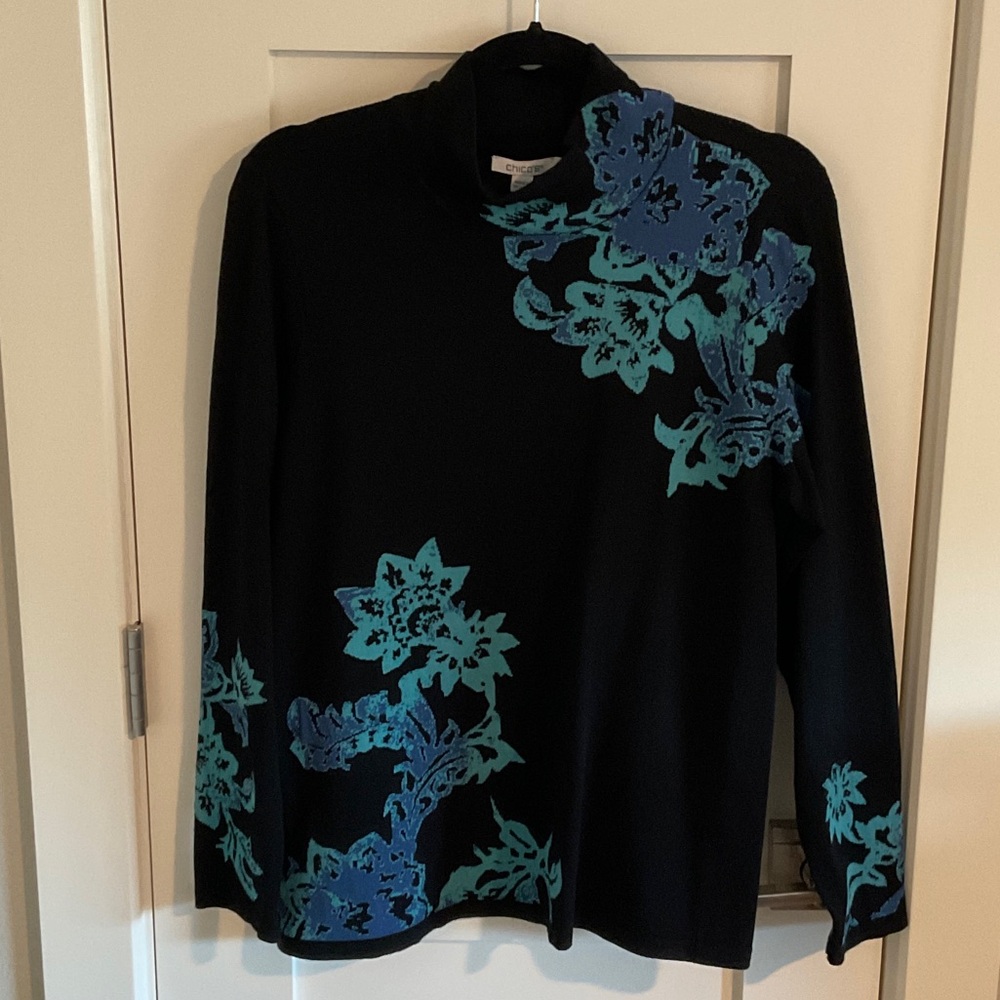 Chico's Black and Blue Patterned Top